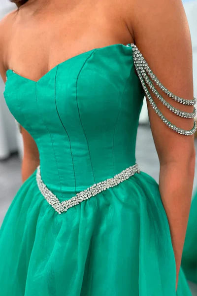 Off the Shoulder Green Organza A-line Princess Dresses, Newest Prom Dresses, Evening Gown