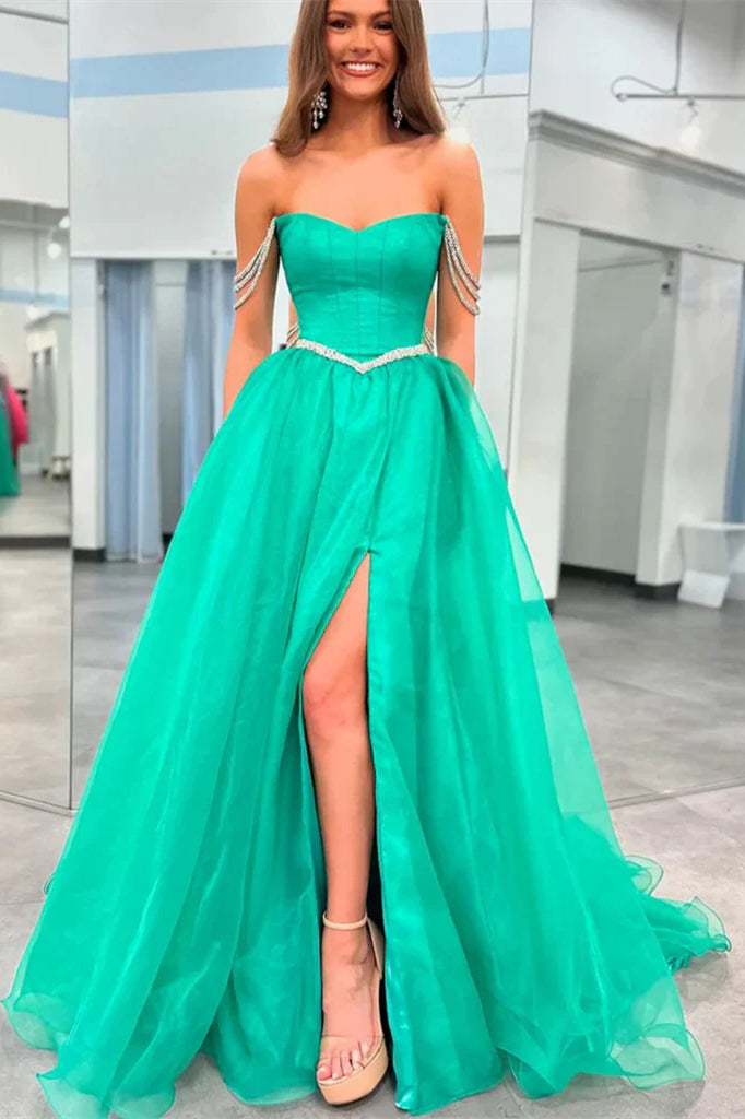 Off the Shoulder Green Organza A-line Princess Dresses, Newest Prom Dresses, Evening Gown