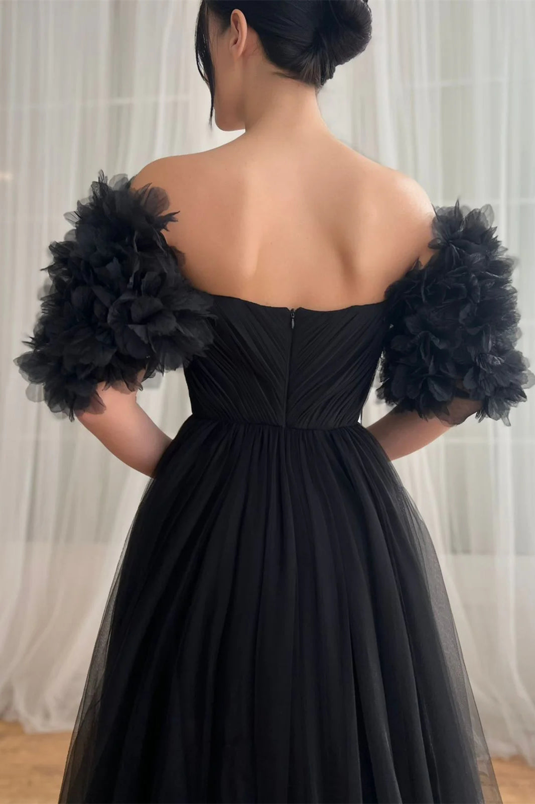 V-neck Black Tulle Elegant A-line Prom Dresses, 3D tulle Floral Detachable Sleeves, Newest Prom Dresses, Little Black Dresses