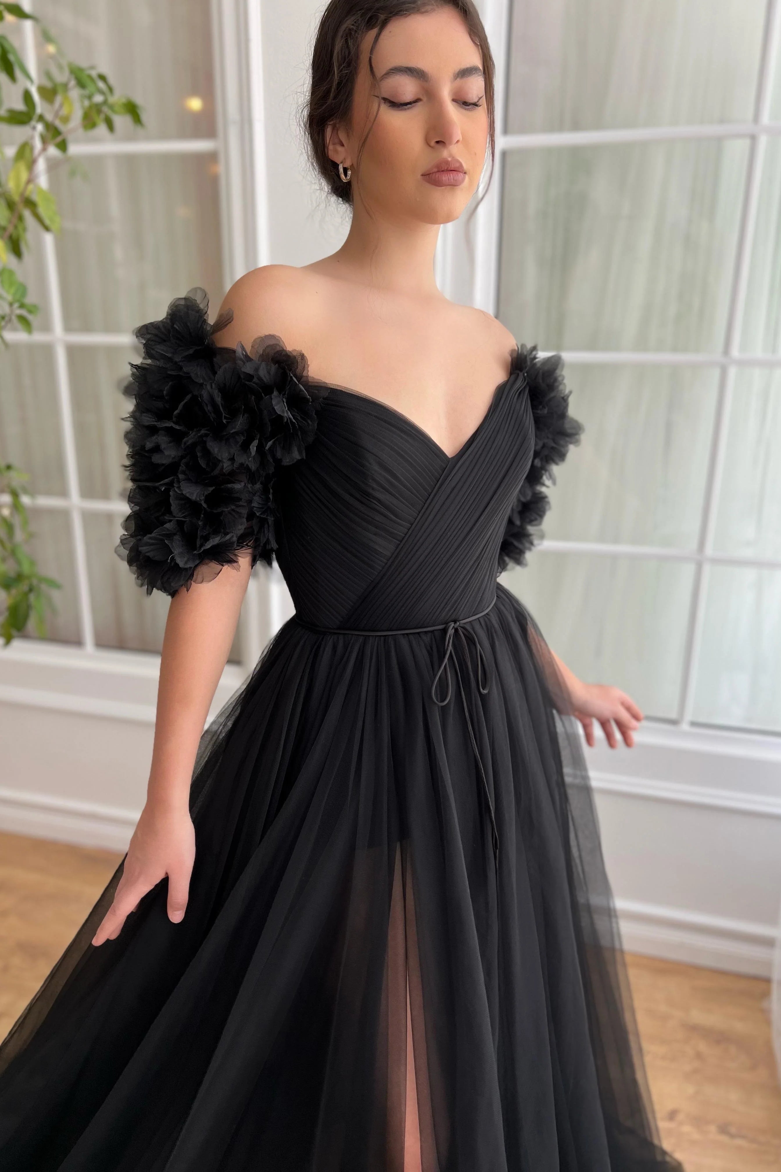 V-neck Black Tulle Elegant A-line Prom Dresses, 3D tulle Floral Detachable Sleeves, Newest Prom Dresses, Little Black Dresses