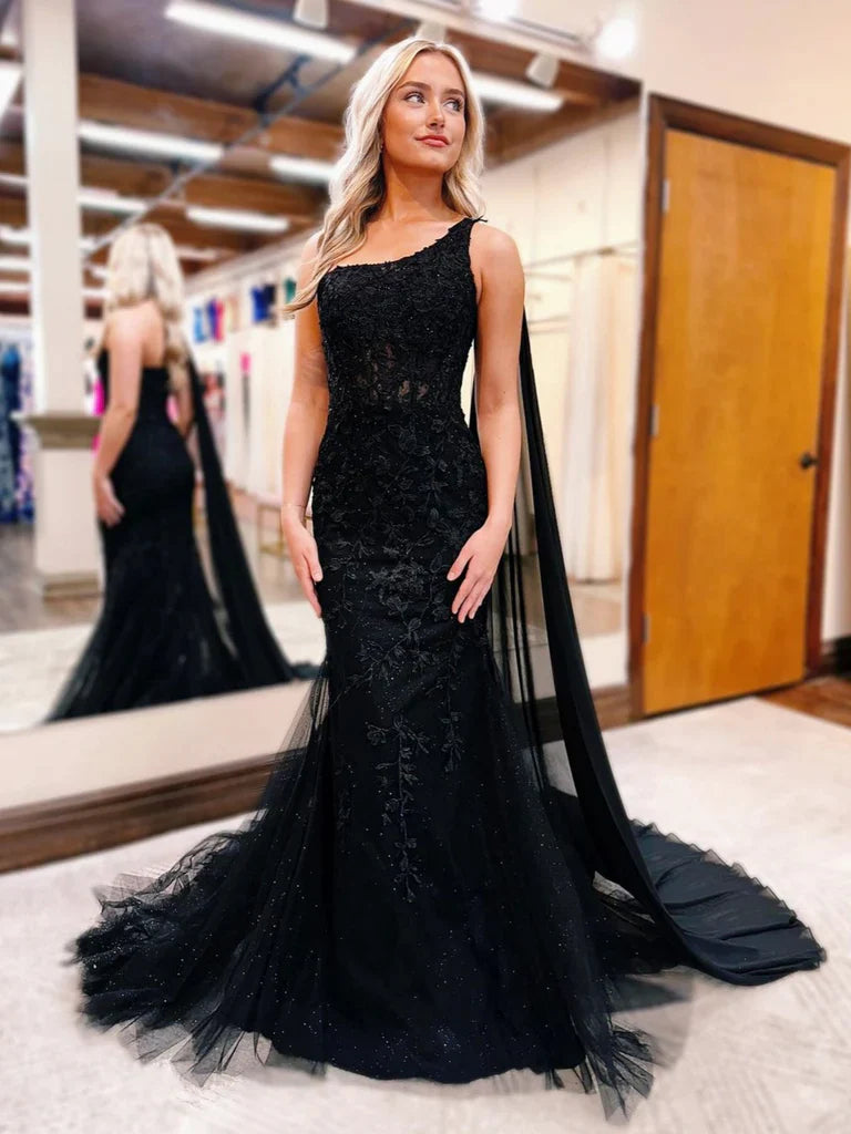 One Shoulder Black Lace Tulle Long Prom Dresses, Elegant Newest Prom Dresses, Formal Evening Dresses