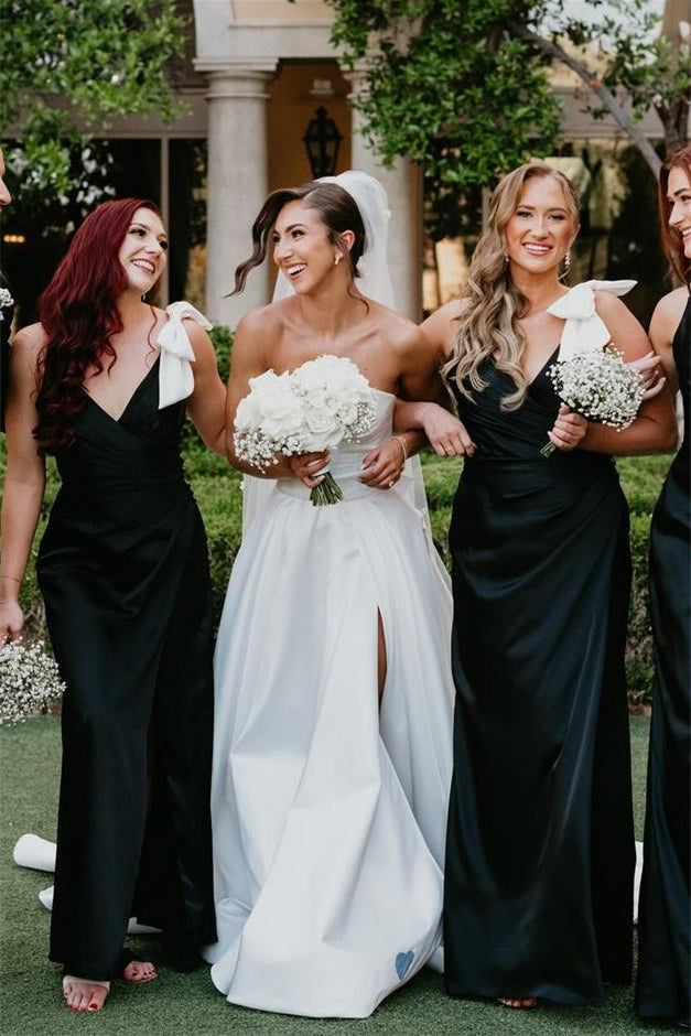 V-neck Black Soft Satin Sheath Long Bridesmaid Dresses WIth White Bow, Wedding Party Dresses, Newest Prom Dresses