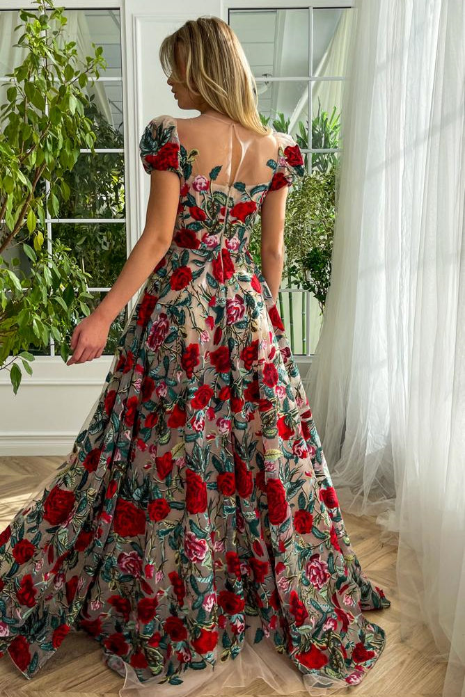 Puffy Bubble Sleeves A-line Rose Floral Prom Dresses, Party Evening Dresses, Newest Prom Dresses