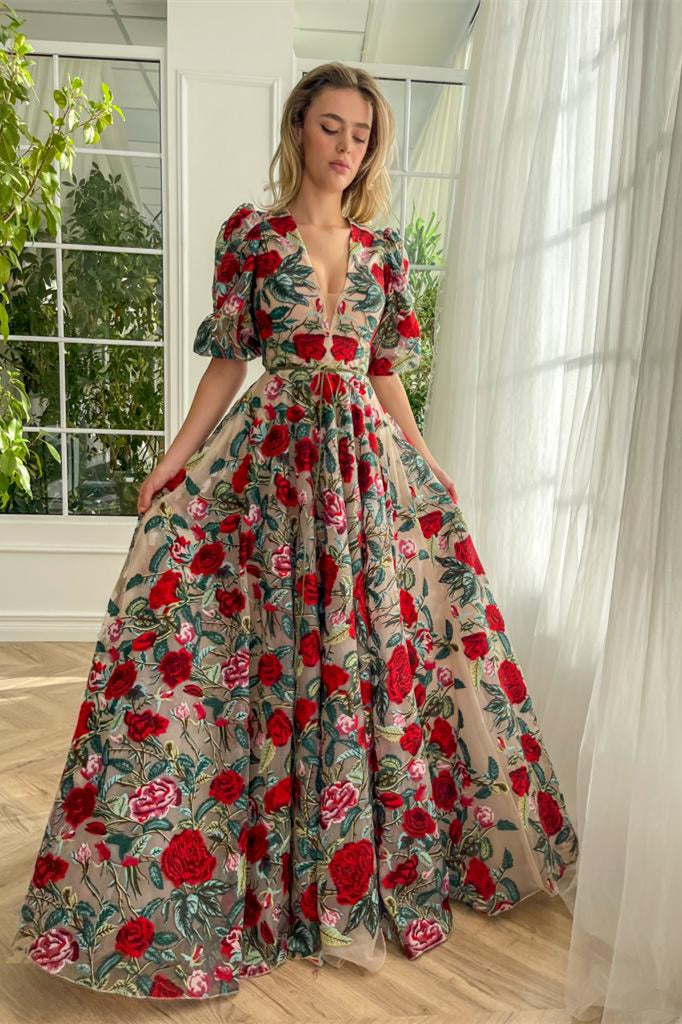 Deep V-neck Half Sleeves A-line Prom Dresses, Rose Floral Prom Dresses, Newest Prom Dresses