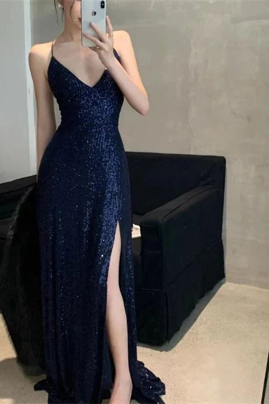 Sexy V-neck Navy Sequin Prom Dresses, Shiny Maxi Dresses, Formal Party Dresses, Newest Prom Dresses