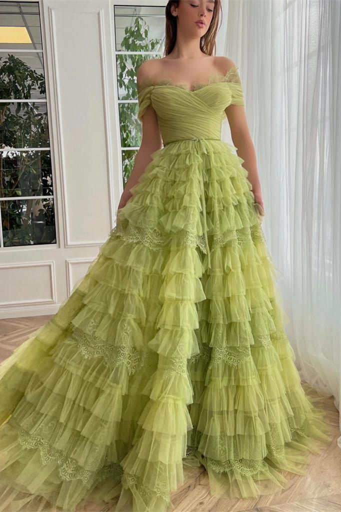 Green Off the Shoulder A-line Prom Dresses With Ruffles, Popular Ball Gown, Newest Prom Dresses