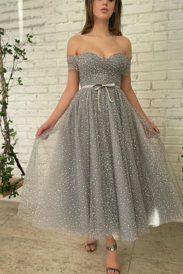 Grey Off the Shoulder A-line Midi Dresses, Pretty Party Dancing Dresses, Newest Prom Dresses