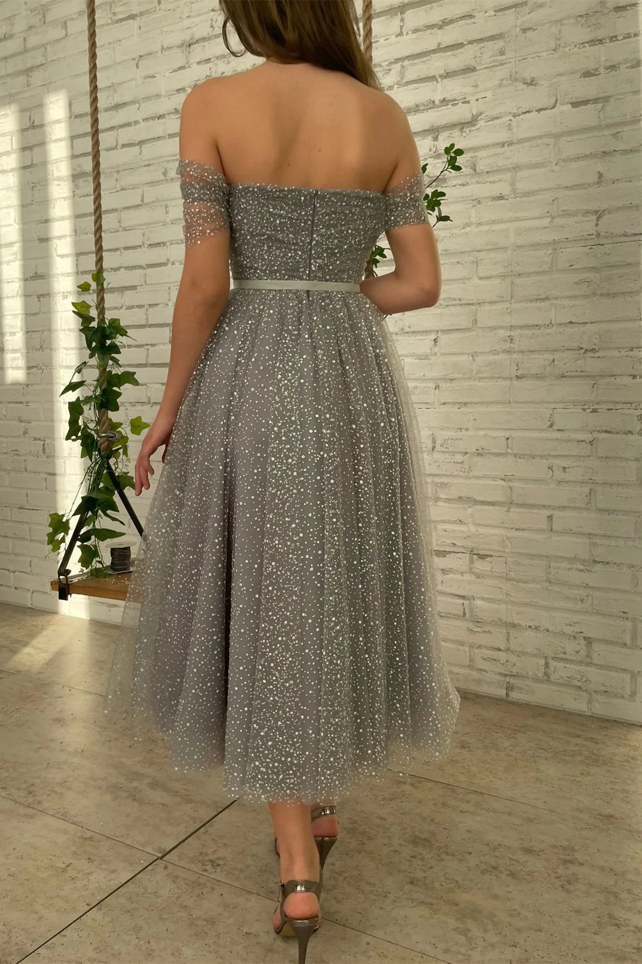 Grey Off the Shoulder A-line Midi Dresses, Pretty Party Dancing Dresses, Newest Prom Dresses