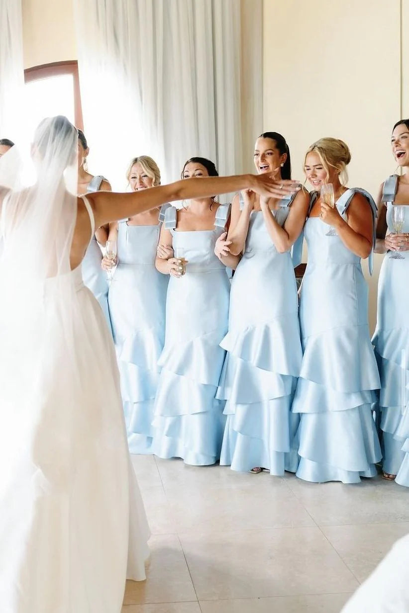 Light Blue Sheath Layers Ruffled Bridesmaid Dresses, Wedding Party Dresses, Long Prom Dresses