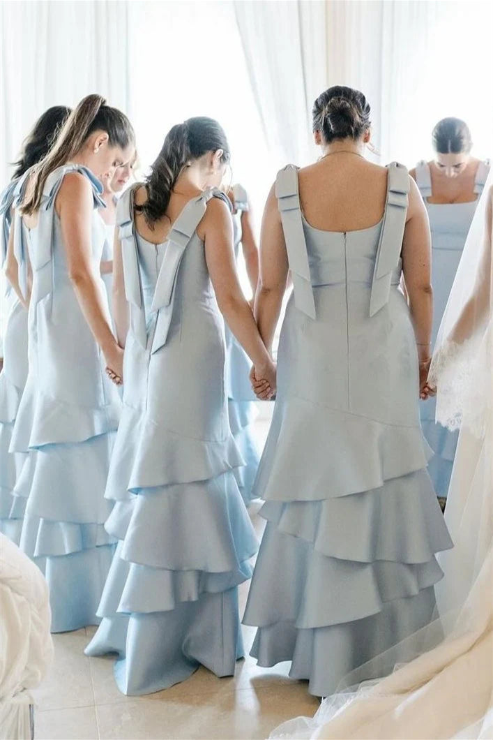 Light Blue Sheath Layers Ruffled Bridesmaid Dresses, Wedding Party Dresses, Long Prom Dresses