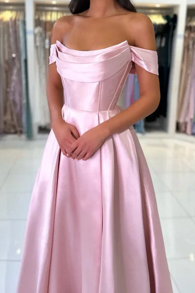 Pink Off the Shoulder A-line Satin Prom Dresses, Popular Formal Evening Dresses, Newest Prom Dresses