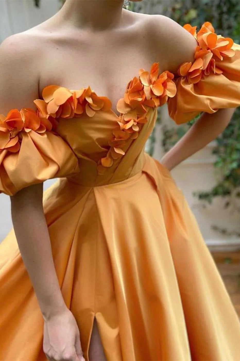 Orange A-line Satin Prom Dresses With Floral Neckline, Bubble Sleeves Prom Dresses, Newest Prom Dresses