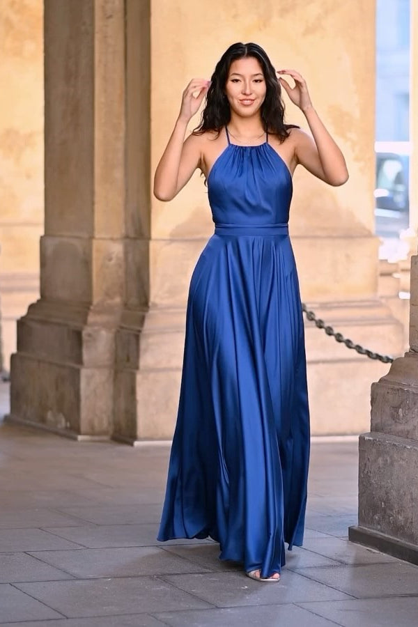 Royal Blue Halter A-line Soft Satin Long Bridesmaid Dresses, Simple Prom Dresses, Wedding Party Dresses