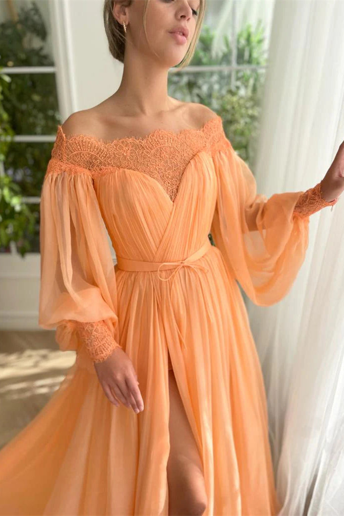 Off the Shoulder Peach A-line Chiffon Lace Prom Dresses, Maxi Dresses, Newest Prom Dresses, Holiday Dresses