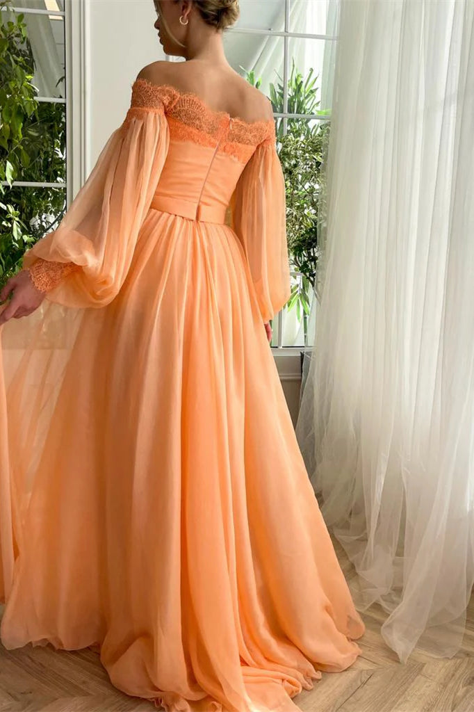 Off the Shoulder Peach A-line Chiffon Lace Prom Dresses, Maxi Dresses, Newest Prom Dresses, Holiday Dresses