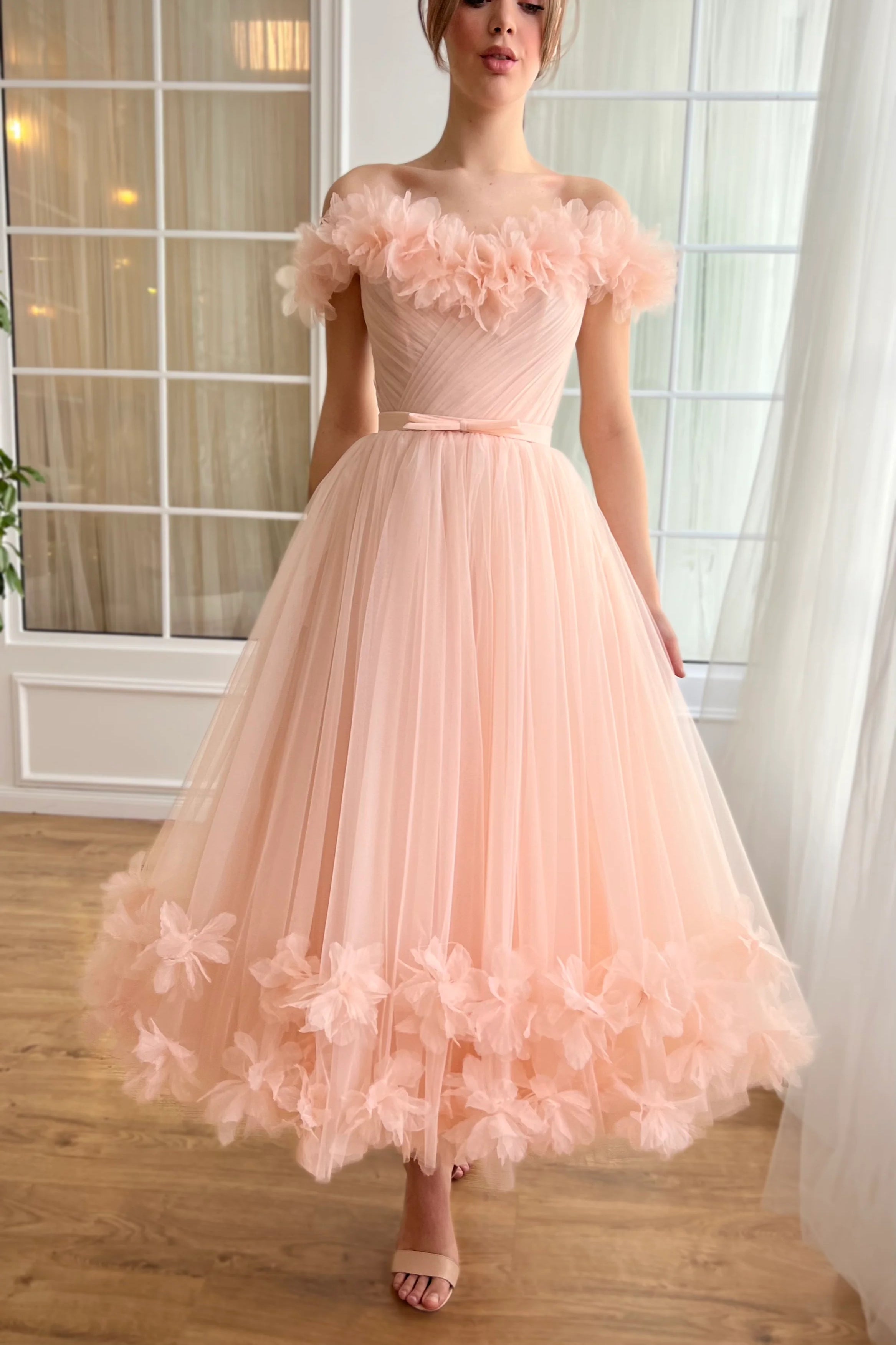 Peach Midi Dresses With Floral Neckline And Dress Edge, Sweet 16 Dresses, Newest Prom Dresses