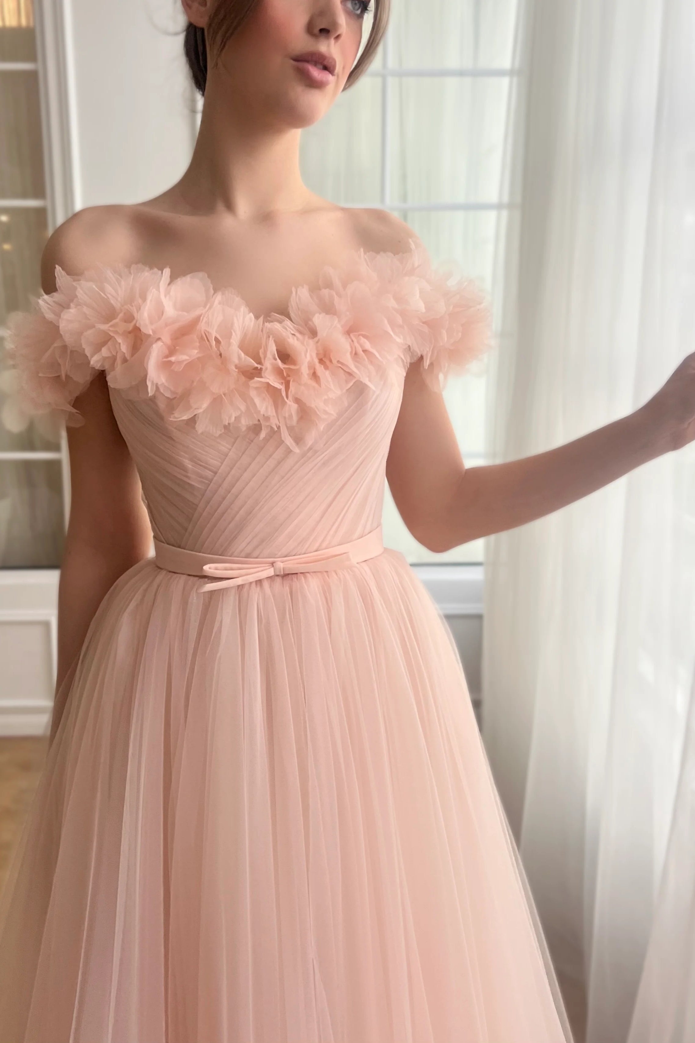 Peach Midi Dresses With Floral Neckline And Dress Edge, Sweet 16 Dresses, Newest Prom Dresses