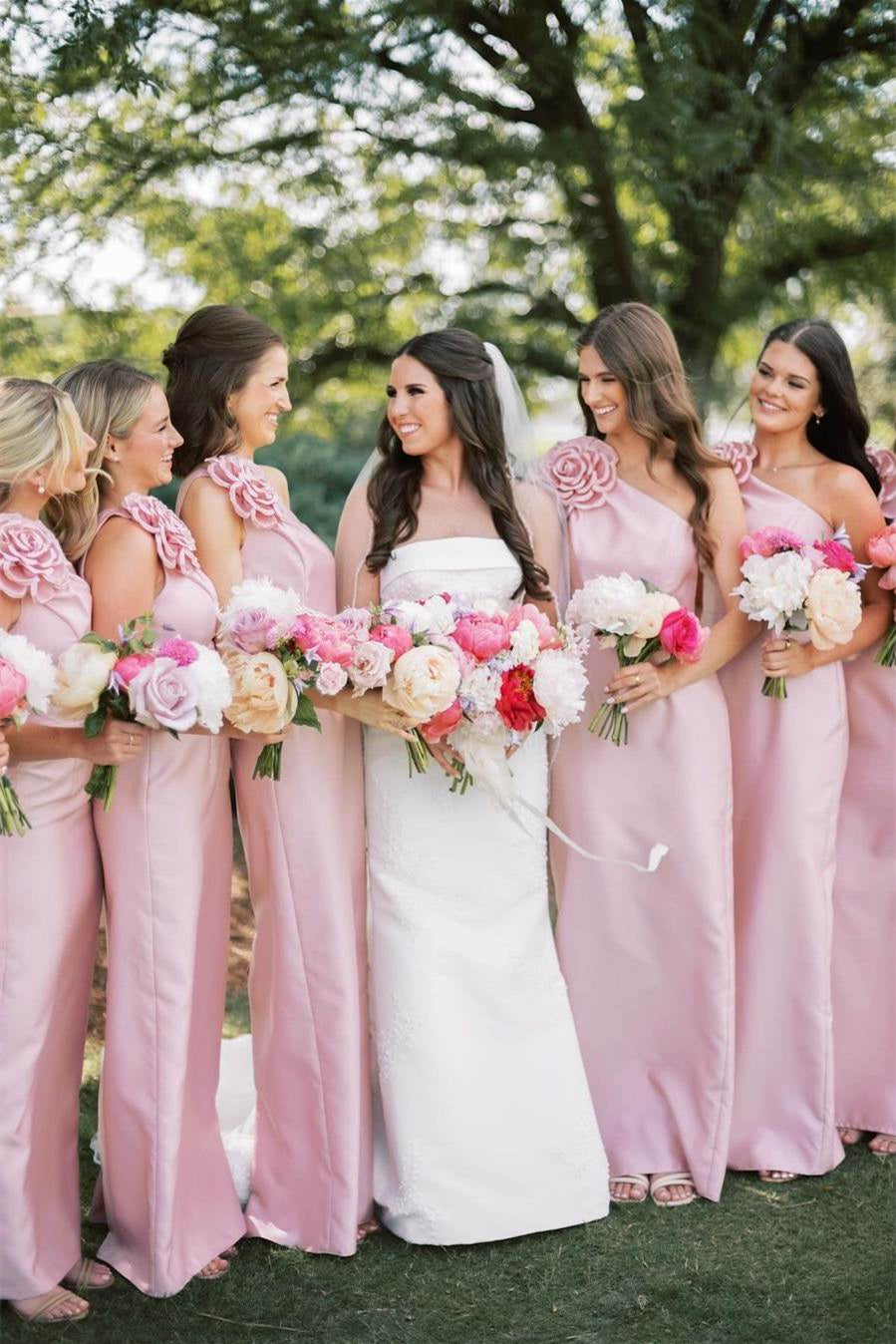 Pink One Shoulder Sheath Satin Long Bridesmaid Dresses WIth 3D Flowers, Elegant Long Prom Dresses