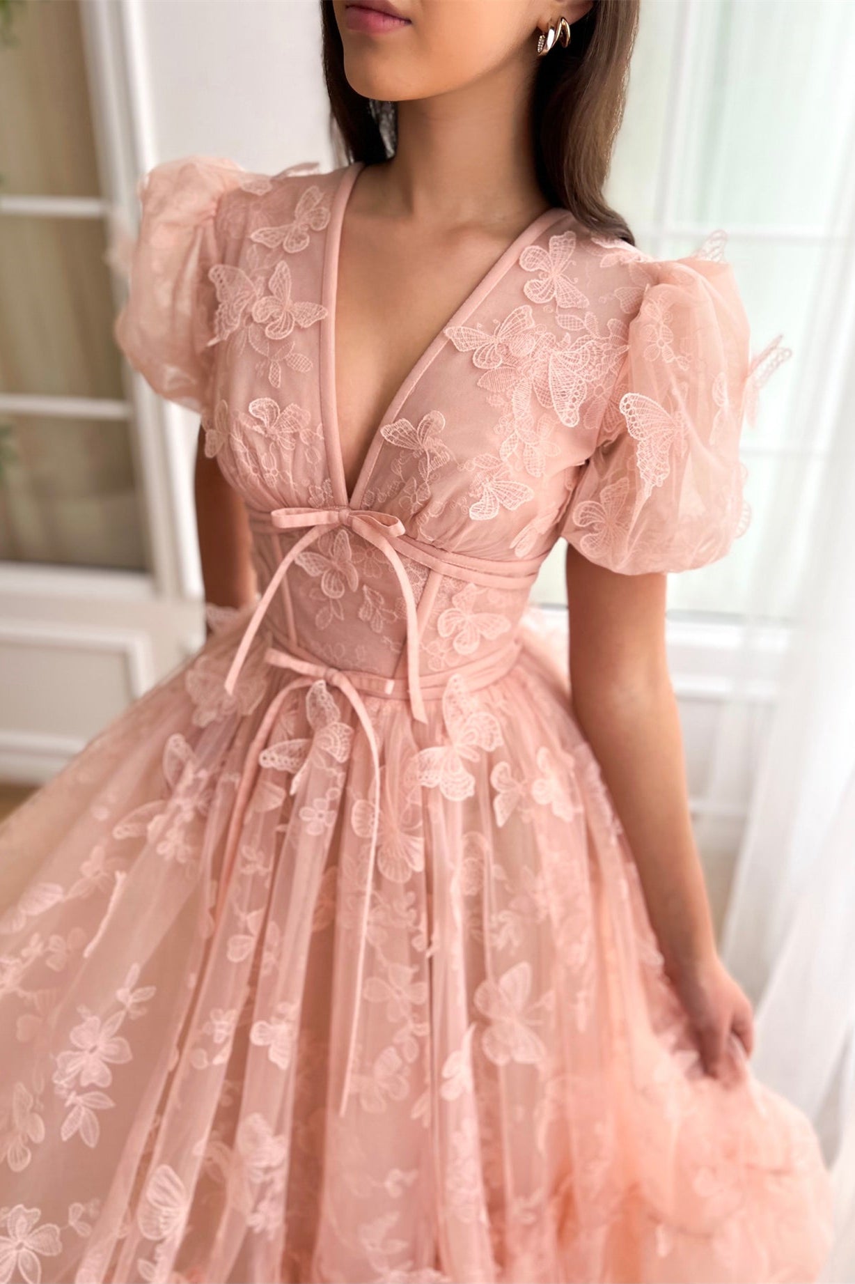 Bubble Sleeves Pink Butterfly Pattern Midi Dresses, Lovely Party Dresses, Newest Prom Dresses