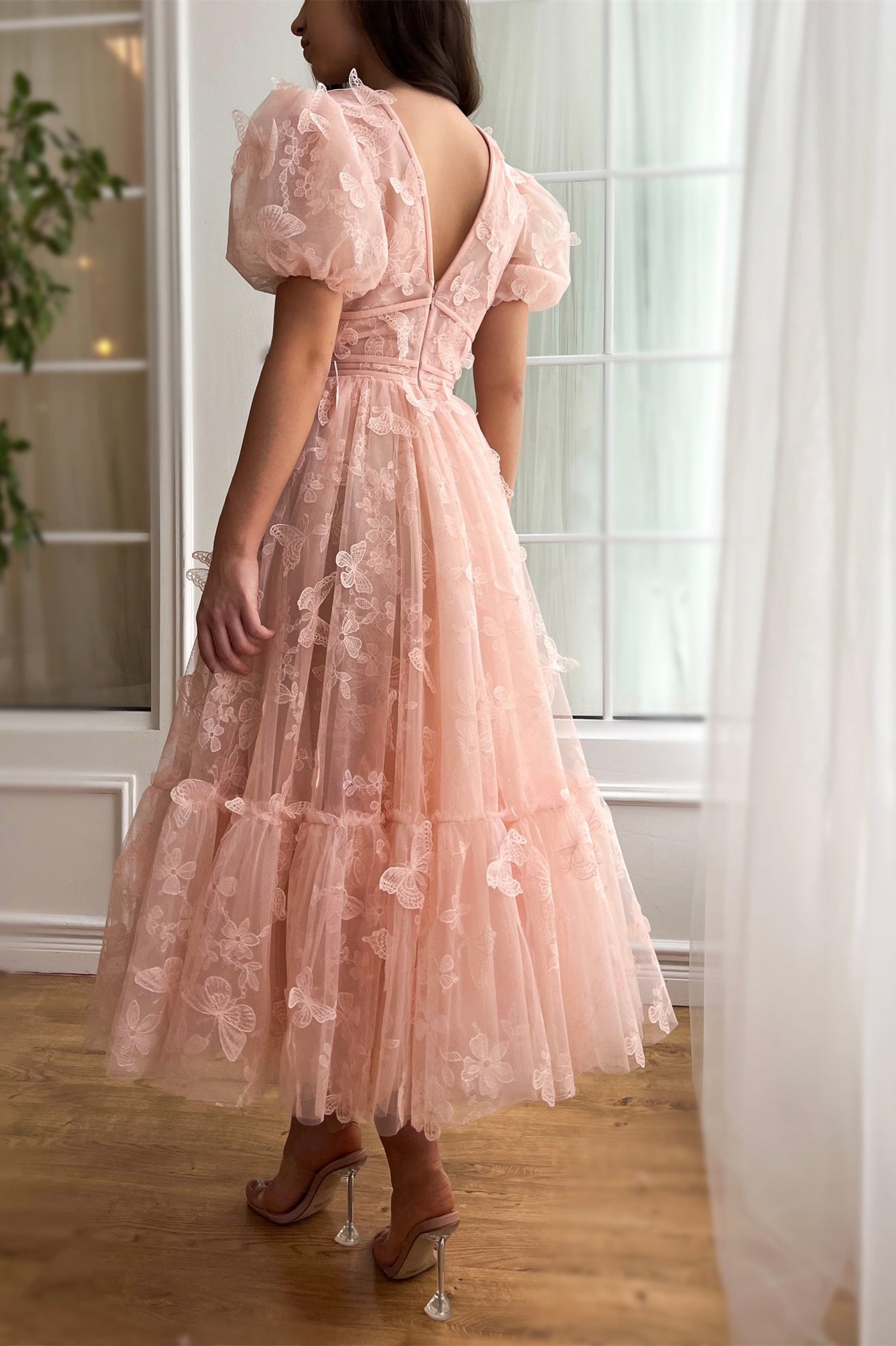 Bubble Sleeves Pink Butterfly Pattern Midi Dresses, Lovely Party Dresses, Newest Prom Dresses