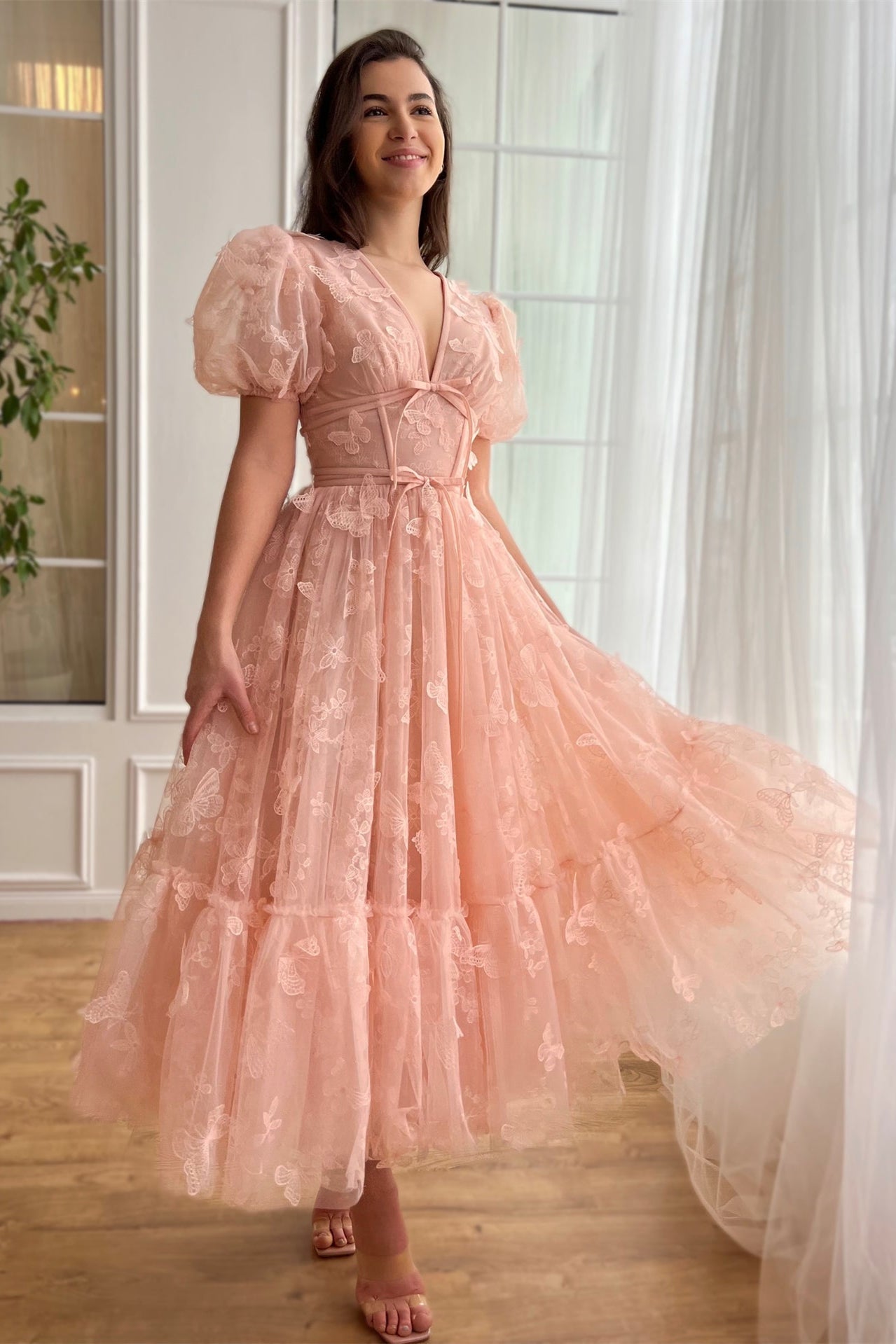 Bubble Sleeves Pink Butterfly Pattern Midi Dresses, Lovely Party Dresses, Newest Prom Dresses