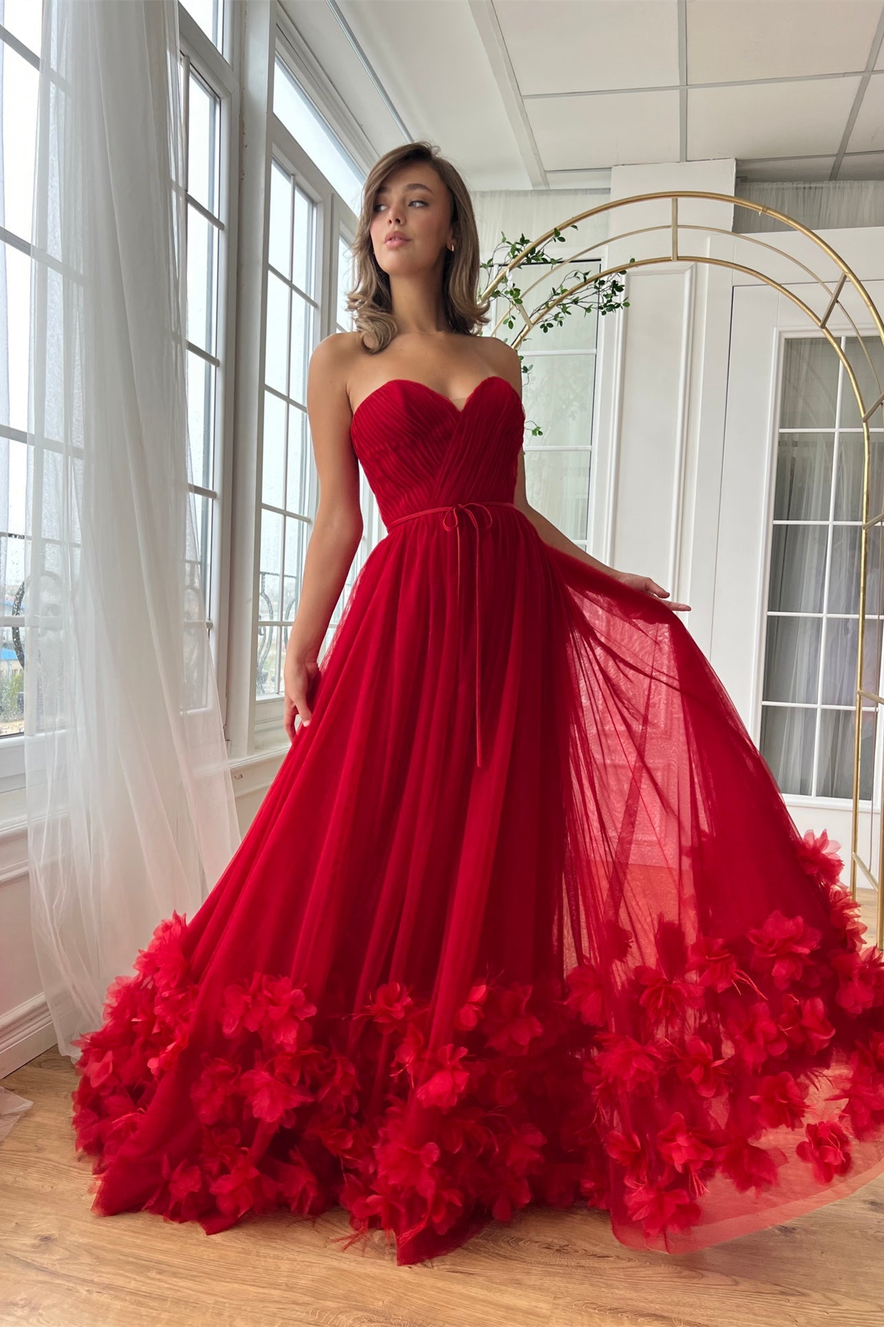 Sweetheart Red A-line Tulle Floral Prom Dresses, Sleeveless Prom Dresses, Newest Prom Dresses