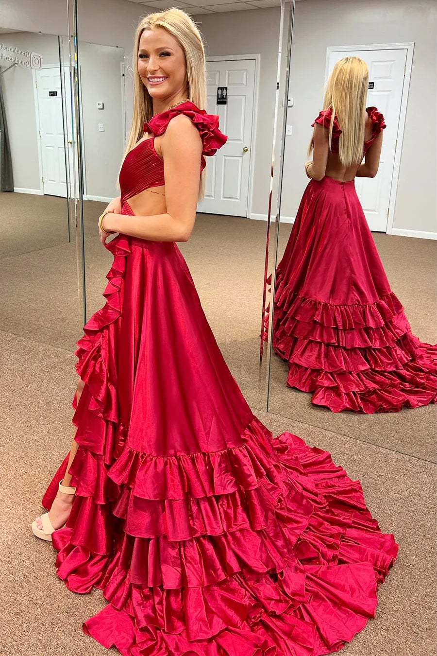 Red Soft Satin Ruffled Prom Dresses, Lovely Long Prom Dresses, Newest Prom Dresses