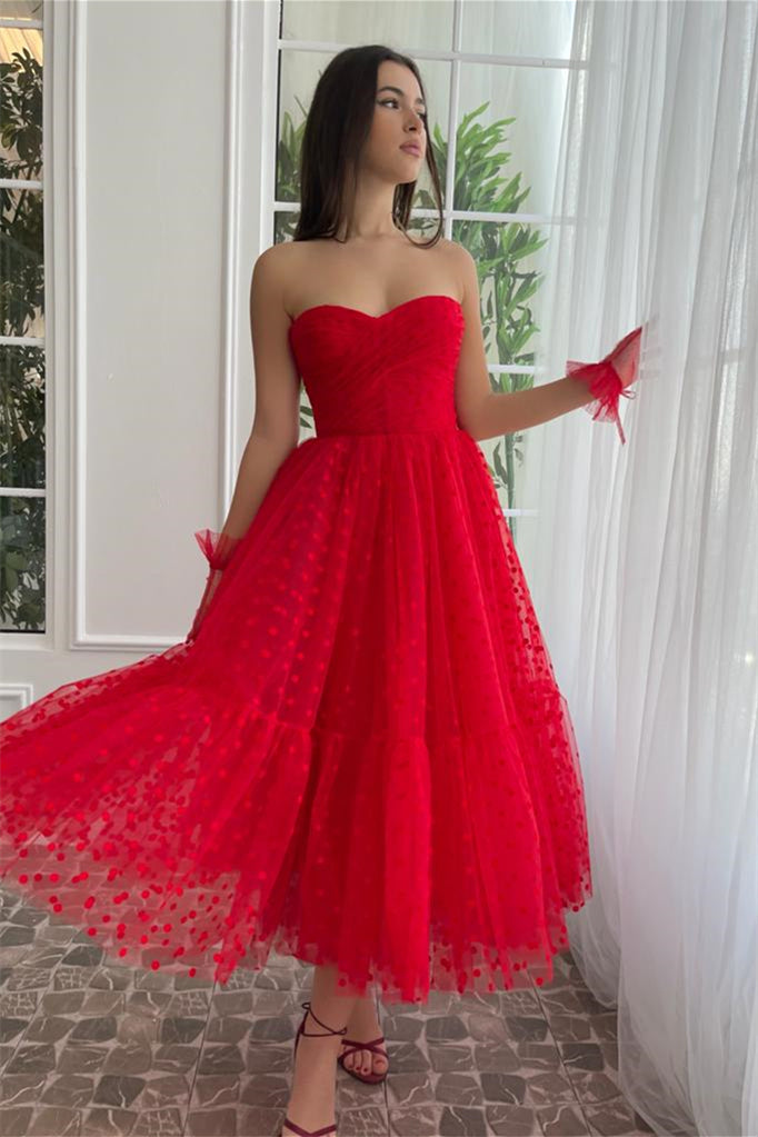 Sweetheart Red Polka Dots Midi Dresses, Cute Prom Dresses, Newest Prom Dresses, Holiday Dresses