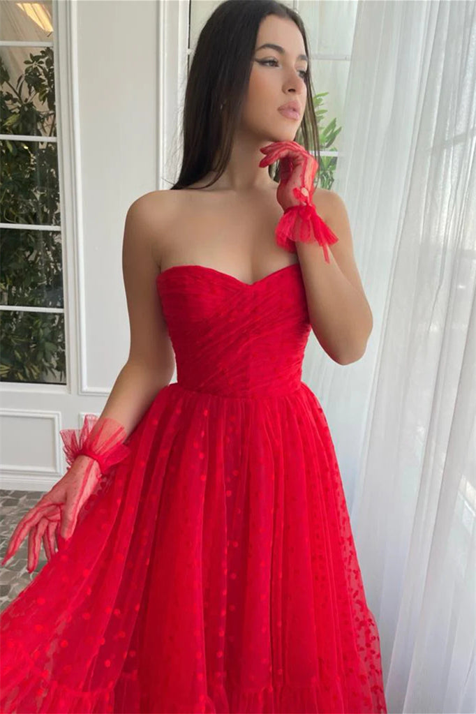 Sweetheart Red Polka Dots Midi Dresses, Cute Prom Dresses, Newest Prom Dresses, Holiday Dresses