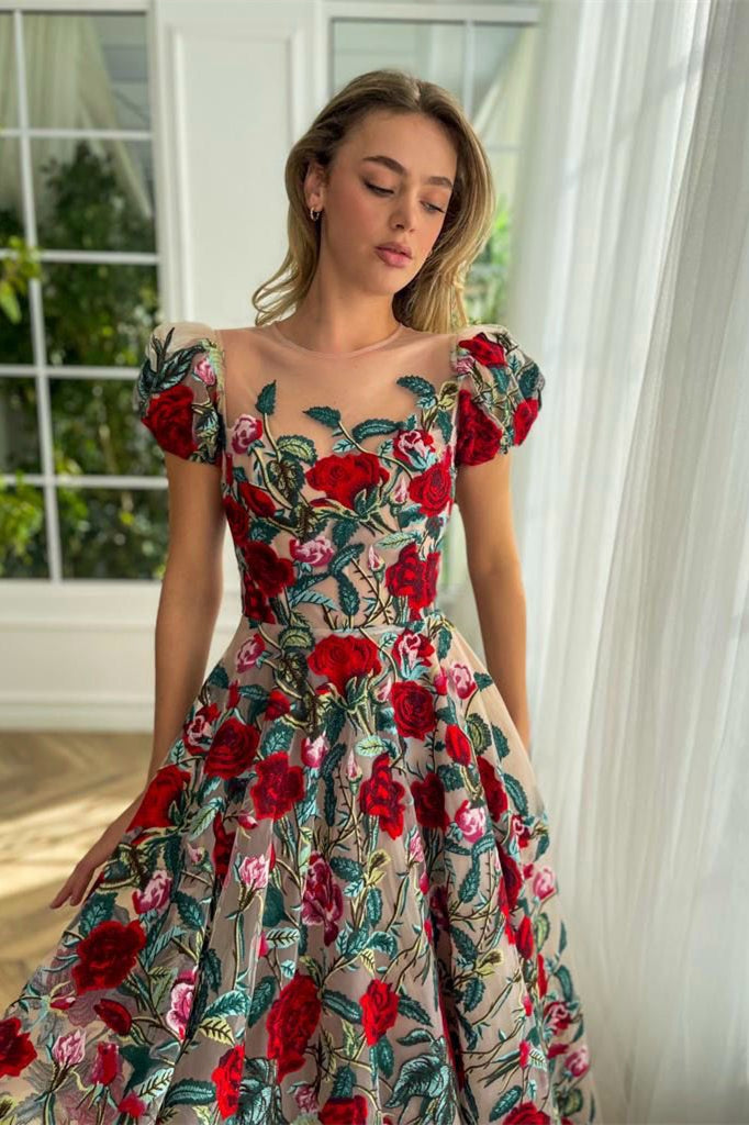 Puffy Bubble Sleeves A-line Rose Floral Prom Dresses, Party Evening Dresses, Newest Prom Dresses