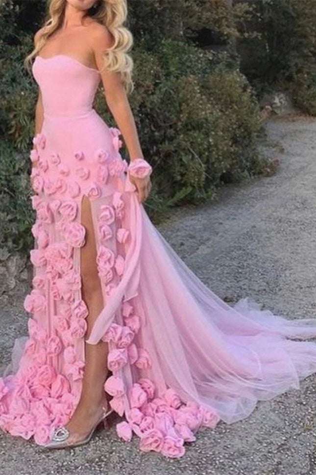 Sweetheart Long A-line Pink 3D Floral High Side Slit Prom Dresses, Newest Prom Dresses