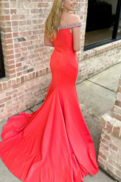 Off the Shoulder Long Mermaid Red Satin Prom Dresses, Beaded Neckline Prom Dresses, Newest Prom Dresses