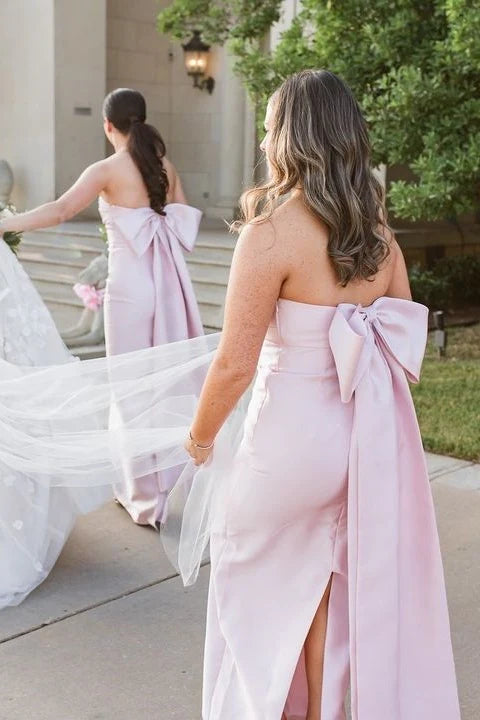 Strapless Sheath Long Pink Bridesmaid Dresses With Bow Train, Long Prom Dresses, Popular Bridesmaid Dresses