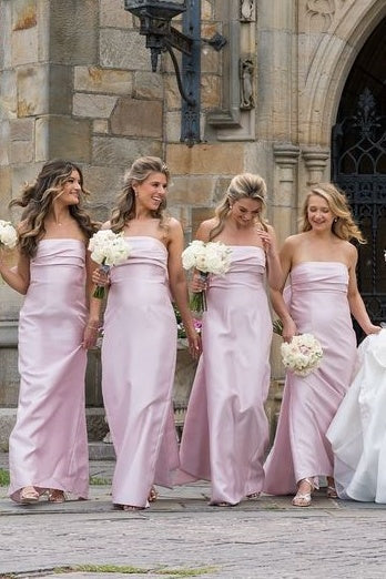 Strapless Sheath Long Pink Bridesmaid Dresses With Bow Train, Long Prom Dresses, Popular Bridesmaid Dresses