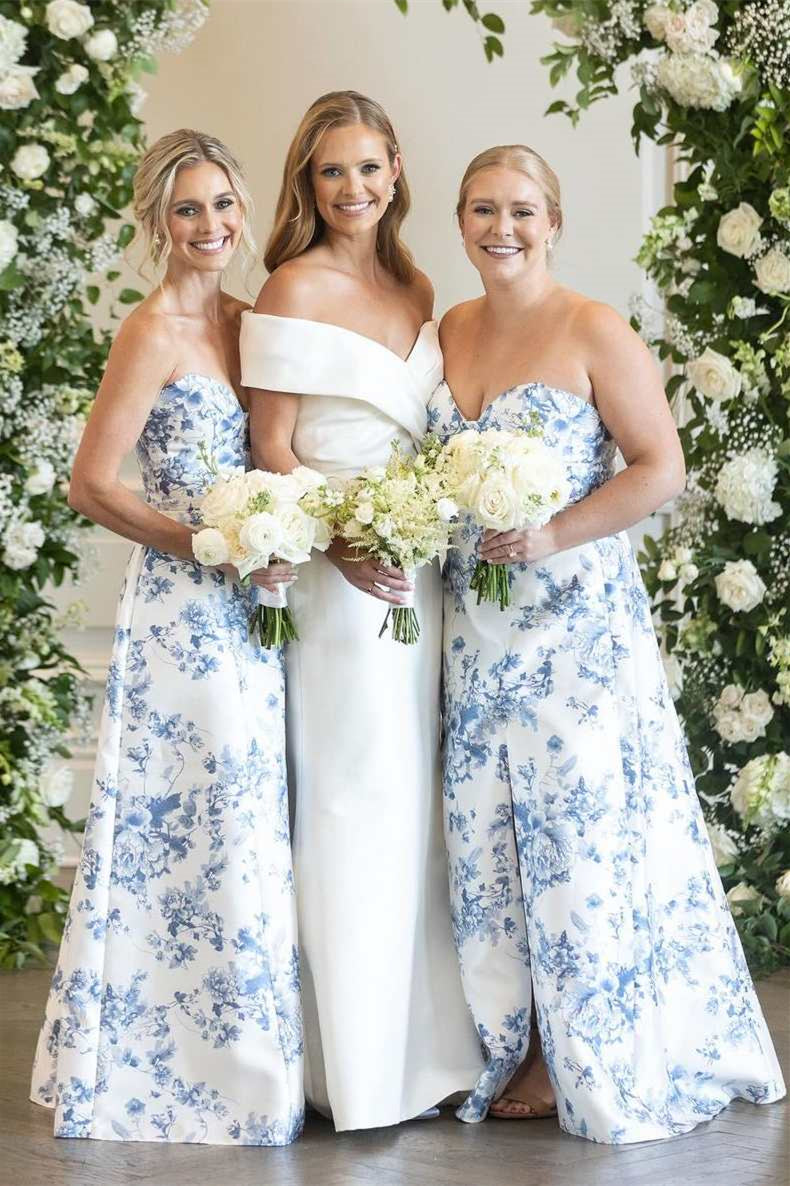 Sweetheart Blue Floral Pattern A-line Bridesmaid Dresses, Floral Prom Dresses, Newest Prom Dresses, Wedding Party Dresses