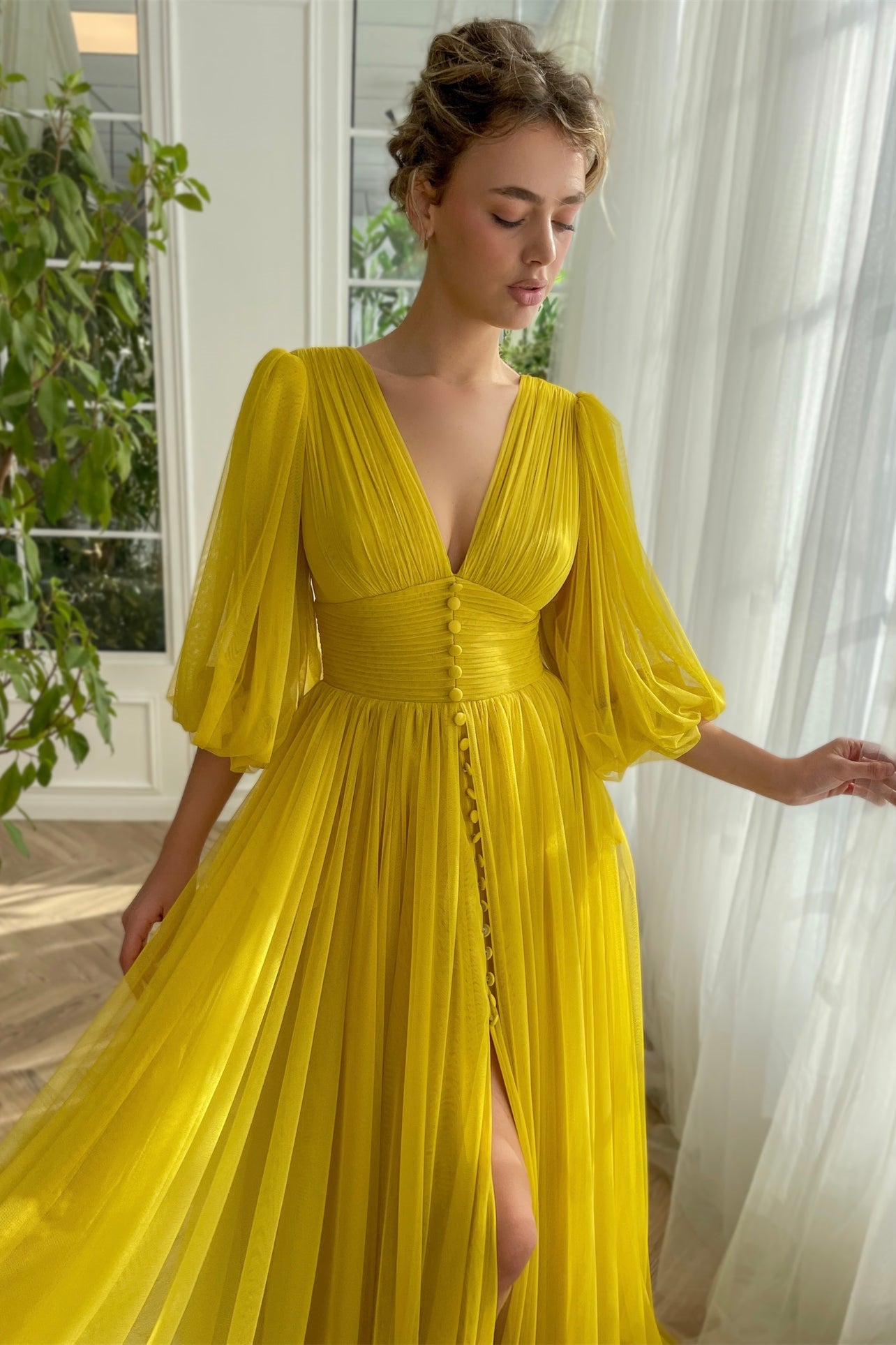 V-neck Long Sleeves Yellow Prom Dresses, Front Slit Elegant Prom Dresses, Wedding Guest Dresses, Bridesmaid Dresses