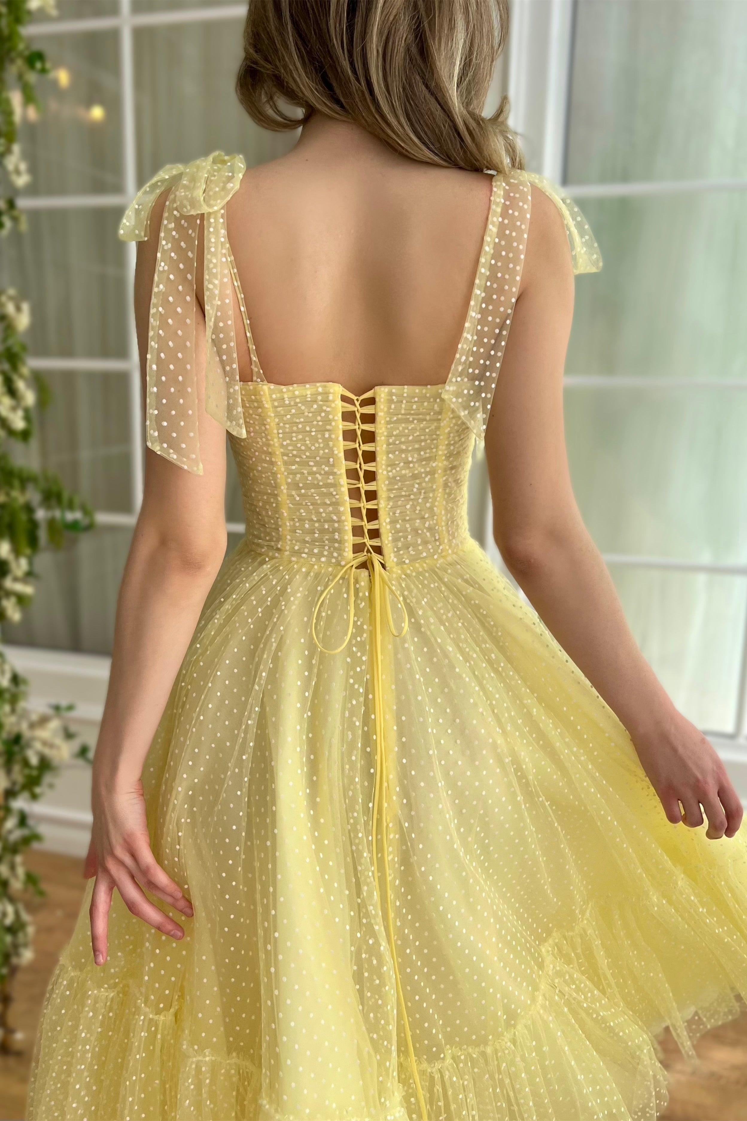 Yellow Polka Dots Midi Dresses, Lovely Prom Dresses With Bow Straps, Newest Prom Dresses