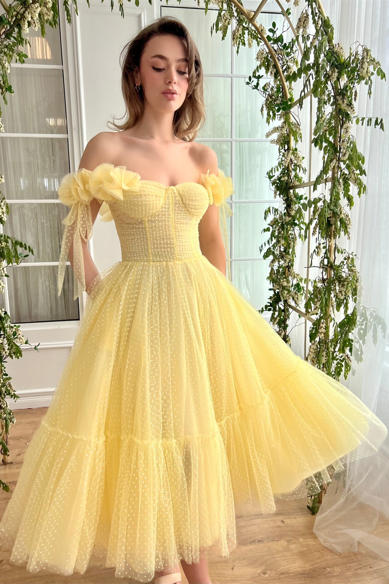 Off the Shoulder Yellow Polka Dots Tulle Midi Dresses, Newest Prom Dresses, Party Dresses