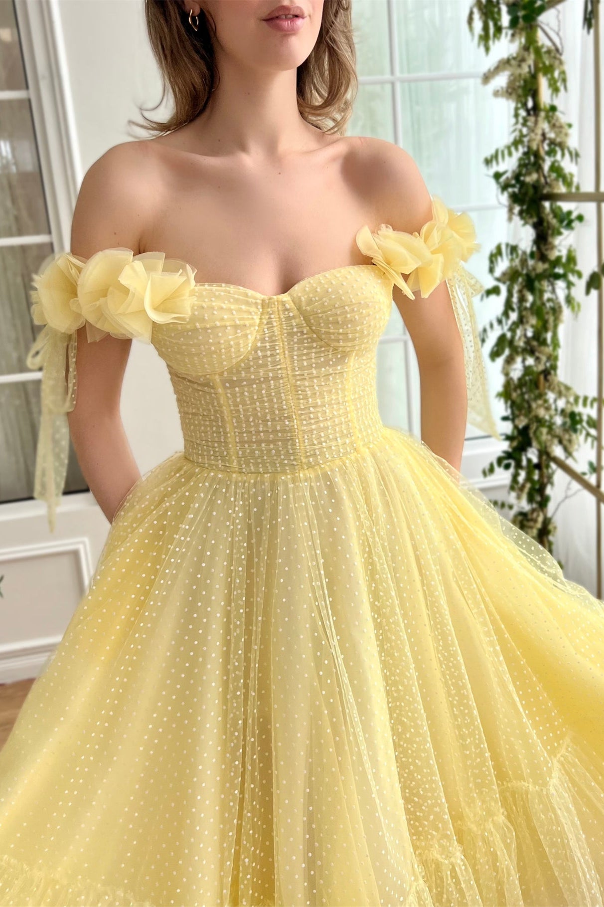 Off the Shoulder Yellow Polka Dots Tulle Midi Dresses, Newest Prom Dresses, Party Dresses