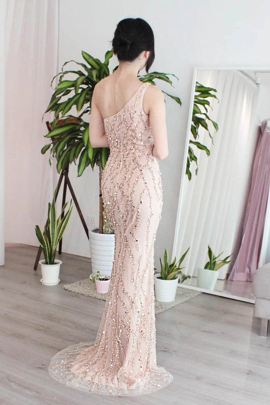 One Shoulder Sequin Beaded Sheath Prom Dresses, Wedding Dresses, Special Wedding Dresses