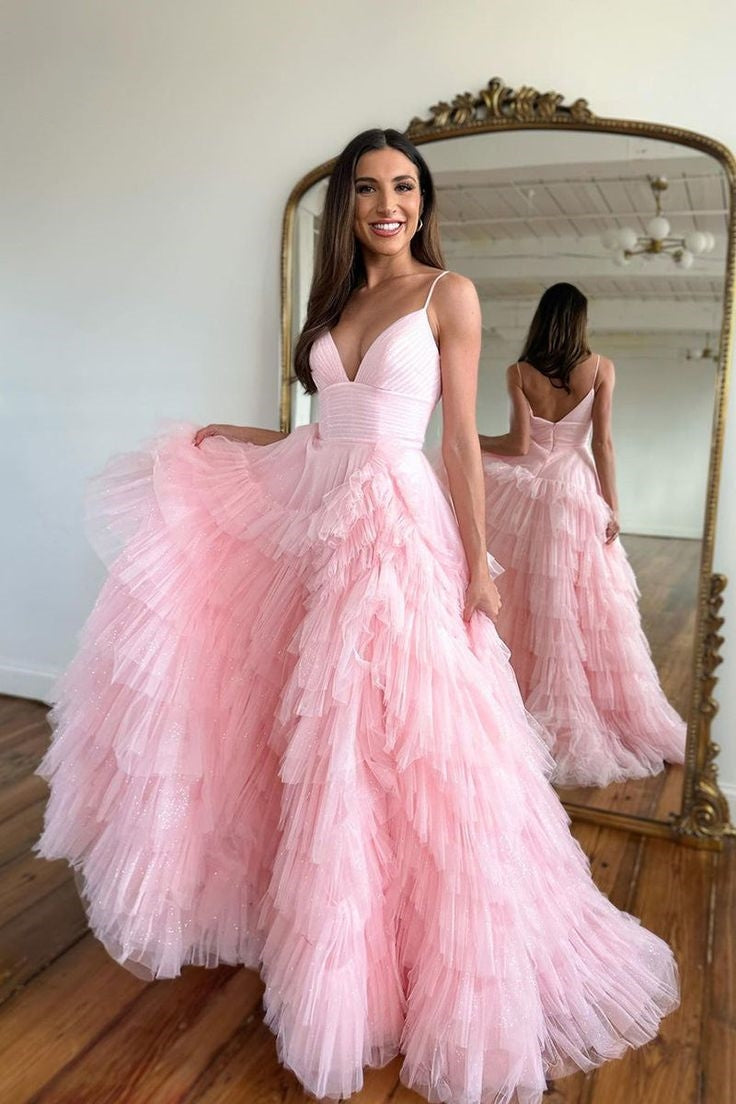 Spaghetti Long A-line Prom Dresses, Soft Pink Ruffled Prom Dresses, Princess Dresses, Party Dresses, Newest Prom Dresses