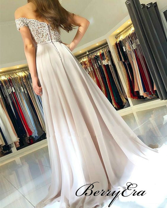 Off Shoulder Grey Lace Beaded Prom Dresses, Long Prom Dresses