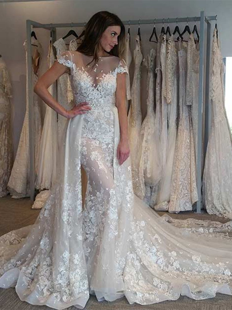 Cap Sleeves Lace Tulle Wedding Dresses, Detachable Wedding Dresses, Long Bridal Gown