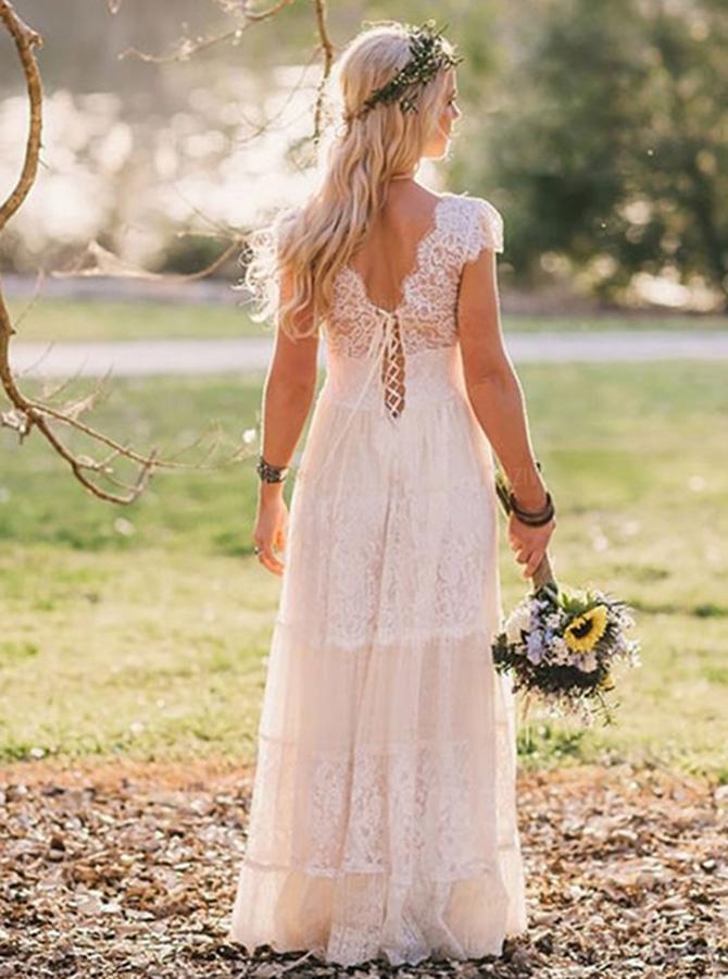 V-neck Cap Sleeves Lace Wedding Dresses, Bridal Gown, Long Wedding Dresses, Country Wedding Dresses