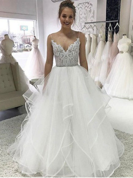 Spaghetti Long A-line Tulle Lace Wedding Dresses, Bridal Gown, Lovely Wedding Dresses