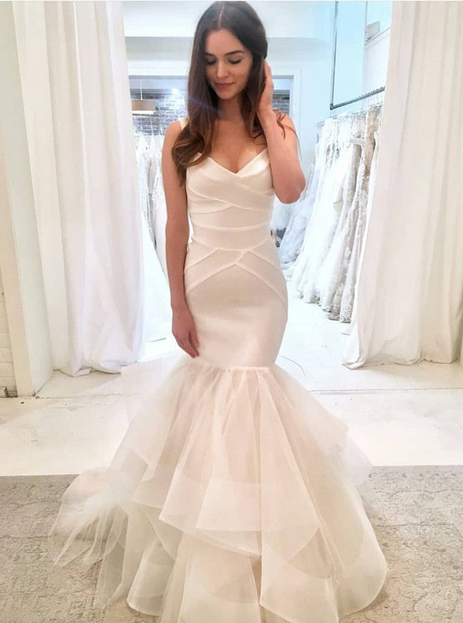 Ivory Organza Long Mermaid Wedding Dresses, Simple Elegant Wedding Dresses, Bridal Gown