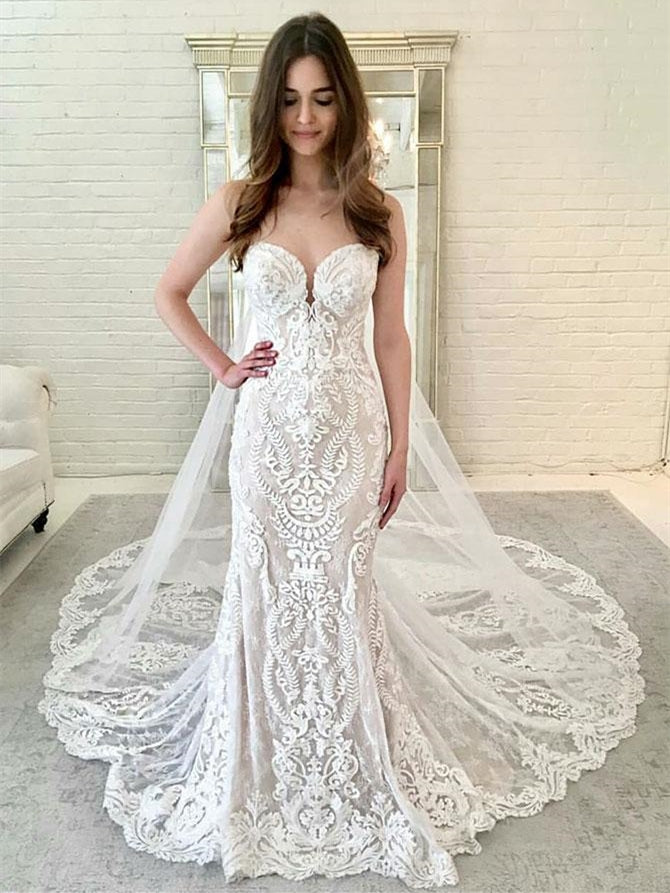 Sweetheart Long Mermaid Wedding Dresses, Unique Lace Wedding Dresses, Long Wedding Dresses