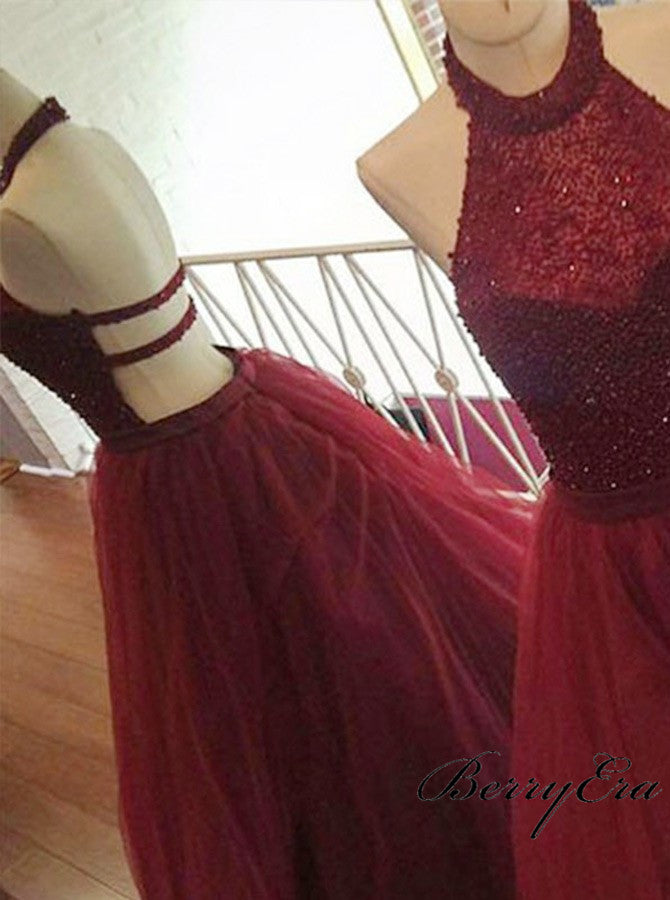 Red Halter Long A-line Beaded Tulle Prom Dresses