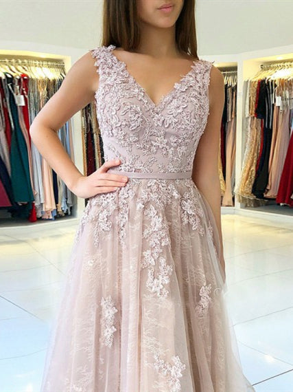 V-neck Long A-line Lace Tulle Prom Dresses, Lovely Prom Dresses, 2020 Prom Dresses