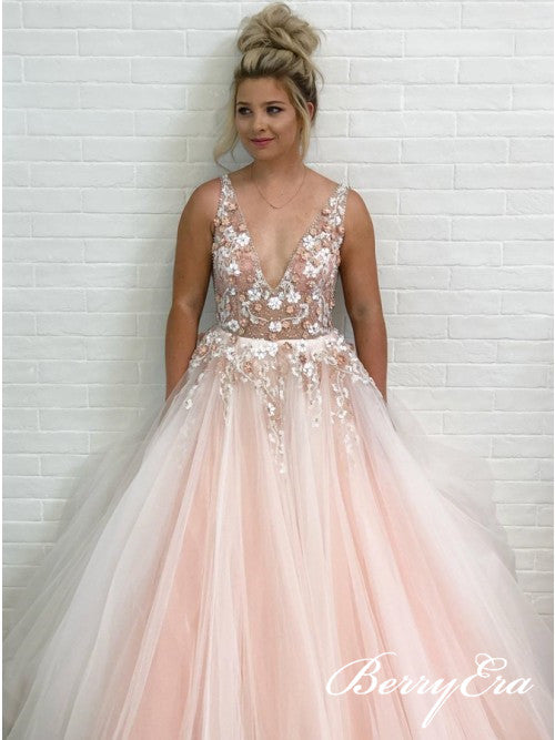 V-neck Blush Lace Appliques Beaded Long Prom Dresses, Prom Dresses